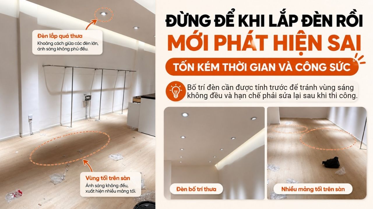 Đèn âm trần bố trí quá thưa khiến ánh sáng không đều và tạo nhiều vùng tối trên sàn nhà 񟿿